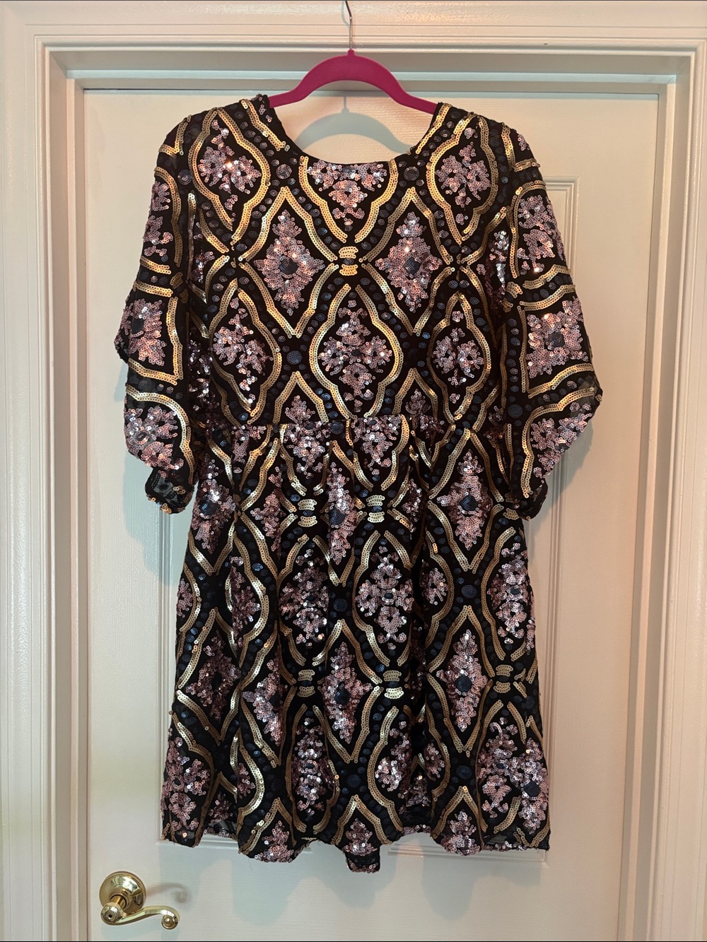 Anthropologie Black Dress with Rose Gold Sequin & Gold Accents
